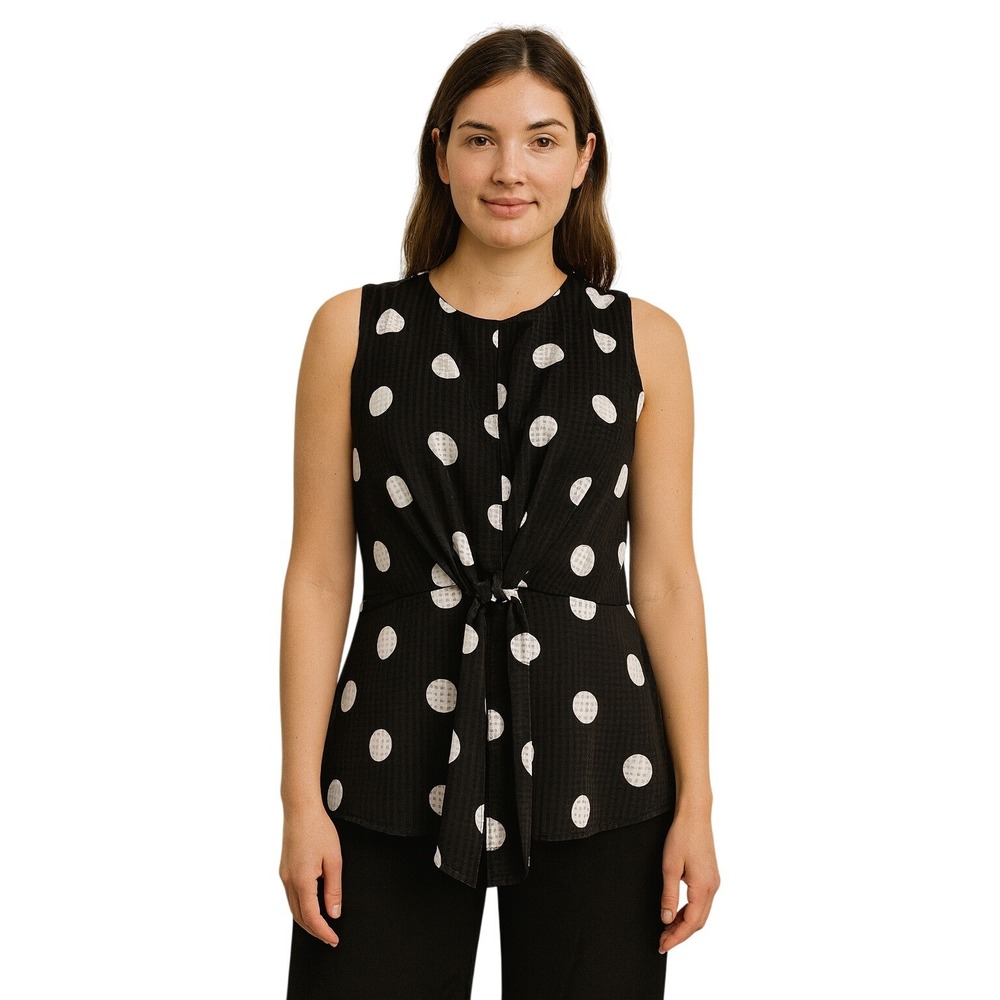 Ann Taylor Black White Polka Dot Tie Front Sleeveless Blouse 8 Academia 82-41